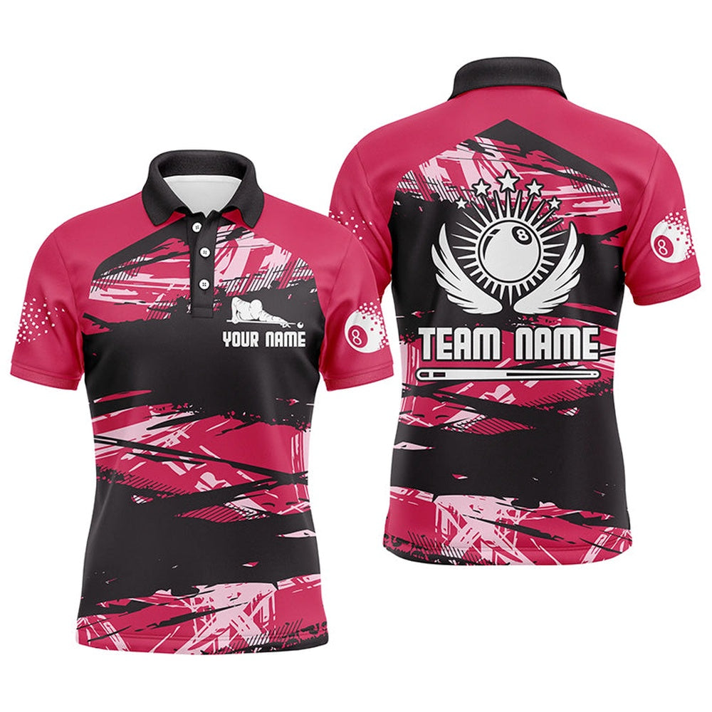 Billiard Polo Shirts, Personalized Pink Billiard 8 Ball Pool 3D Polo Shirts, Custom Name Funny Billiard Jerseys, Billiards Team Shirts