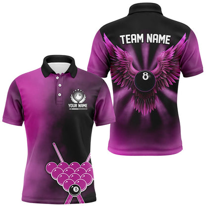 Billiard Polo Shirts, Personalized Pink Billiard 8 Ball Wings Custom Billiard Shirts, 8 Ball Pool Pink Jerseys, Billiards Team Shirts