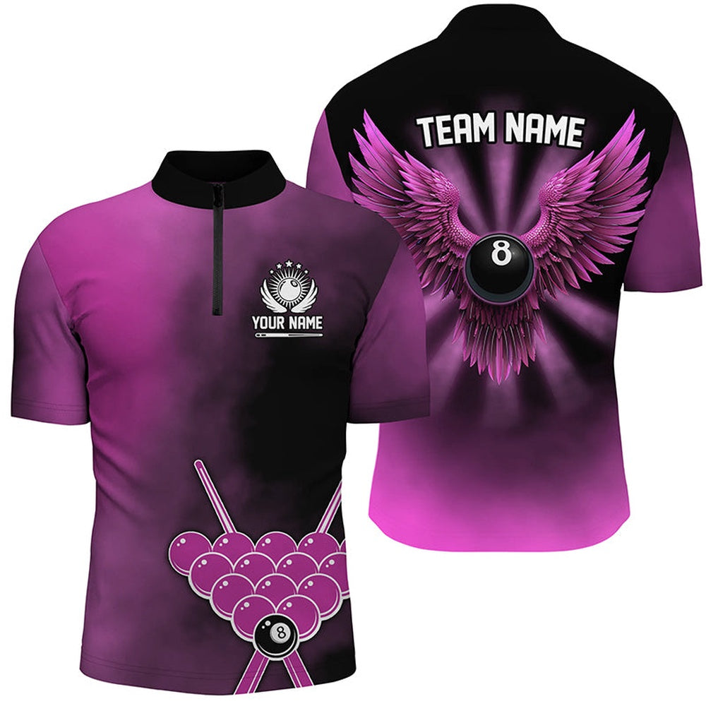 Billiard Polo Shirts, Personalized Pink Billiard 8 Ball Wings Custom Billiard Shirts, 8 Ball Pool Pink Jerseys, Billiards Team Shirts