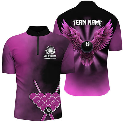 Billiard Polo Shirts, Personalized Pink Billiard 8 Ball Wings Custom Billiard Shirts, 8 Ball Pool Pink Jerseys, Billiards Team Shirts