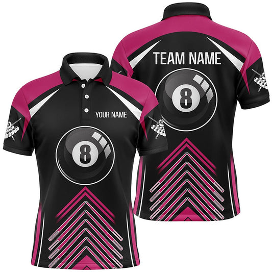 Billiard Polo Shirts, Personalized Pink Black Billiard 8 Ball Pool 3D Polo Shirts, Custom Name Billiard Jerseys, Billiards Team Shirts