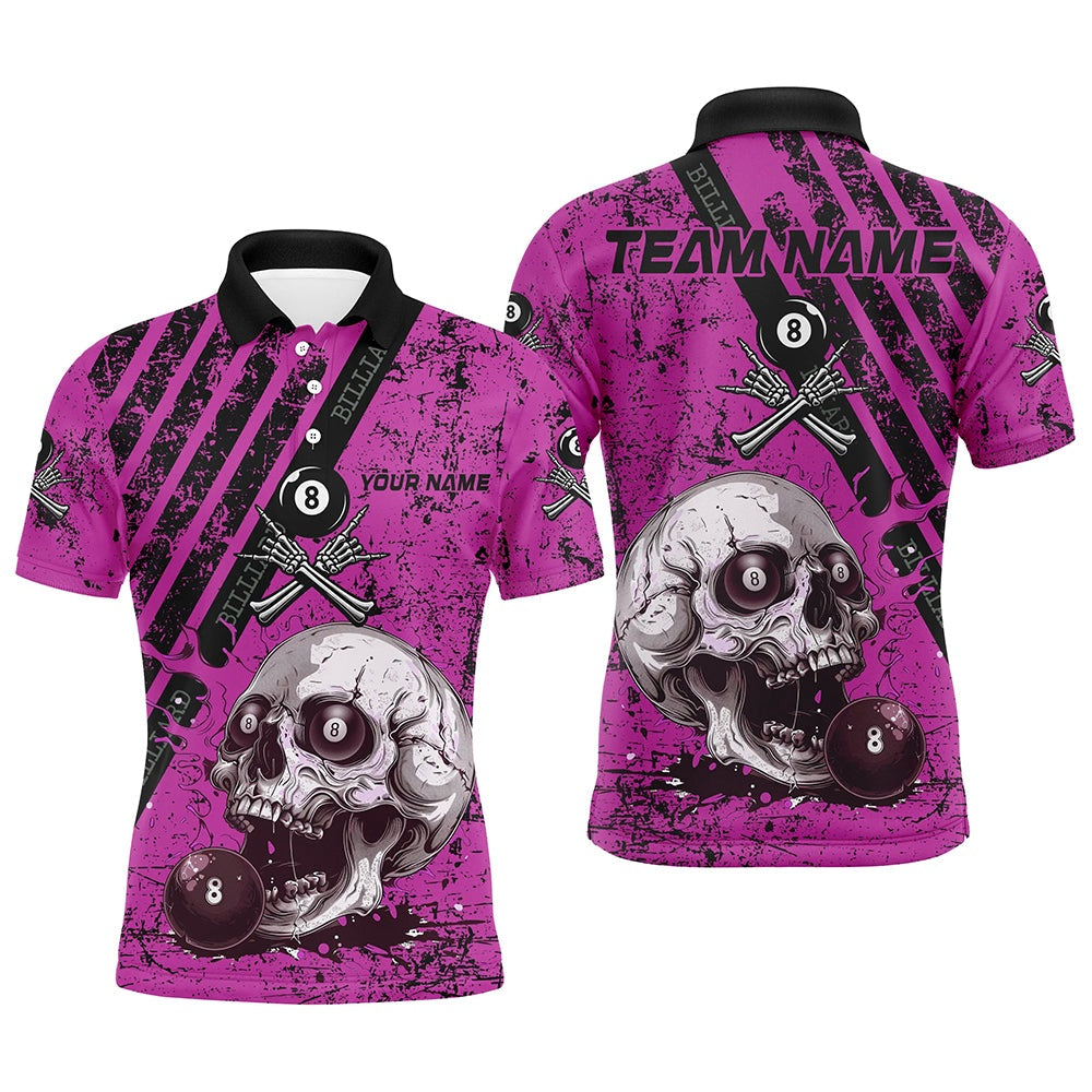 Billiard Polo Shirts, Personalized Pink Blue Billiard Skull Custom Billiard Shirts, Billiard Pool Team Club Uniform, Billiards Team Shirts