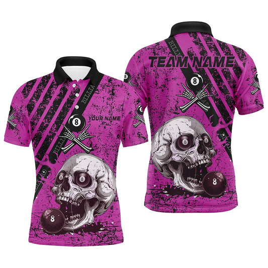 Billiard Polo Shirts, Personalized Pink Blue Billiard Skull Custom Billiard Shirts, Billiard Pool Team Club Uniform, Billiards Team Shirts