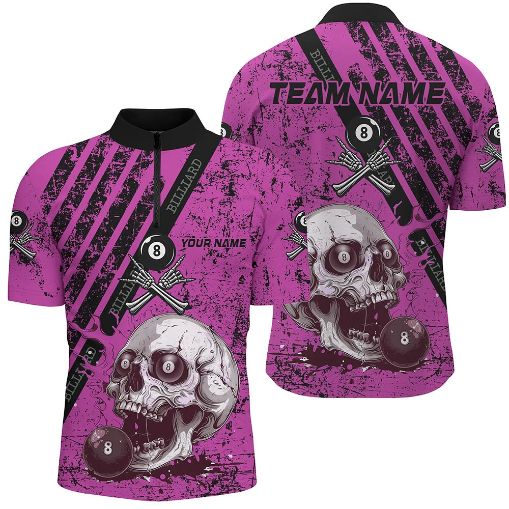 Billiard Polo Shirts, Personalized Pink Blue Billiard Skull Custom Billiard Shirts, Billiard Pool Team Club Uniform, Billiards Team Shirts