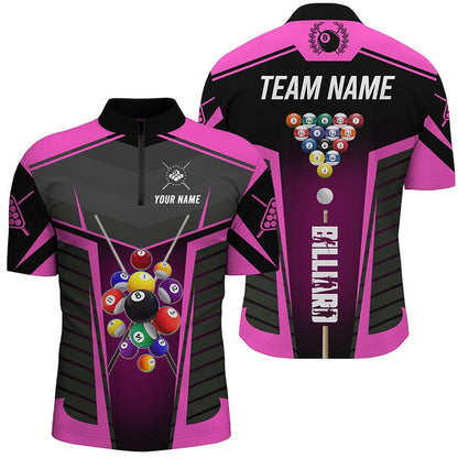 Billiard Polo Shirts, Personalized Pink Jerseys Billiard Balls Polo & 14 Zip Shirts Custom 3D Pool League Shirts, Billiards Team Shirts