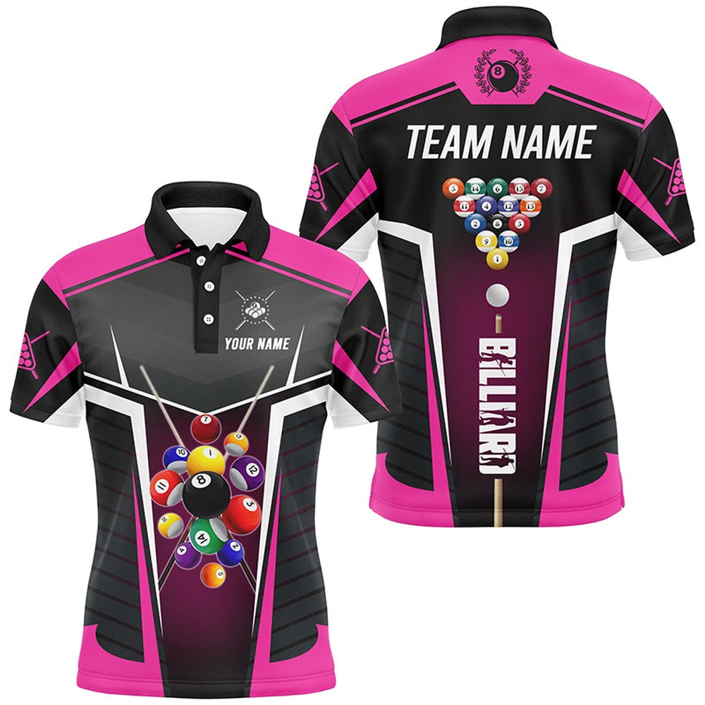 Billiard Polo Shirts, Personalized Pink Jerseys Billiard Balls Shirts Custom 3D Billiard Pool League Shirts, Billiards Team Shirts