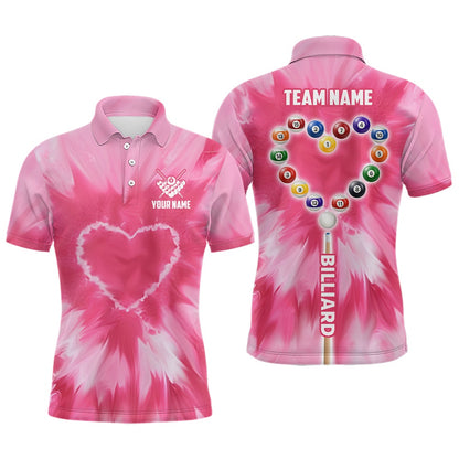 Billiard Polo Shirts, Personalized Pink Tie Dye With Heart Billiard Polo Shirts, Billiard Valentines Day Shirts Gifts, Billiards Team Shirts
