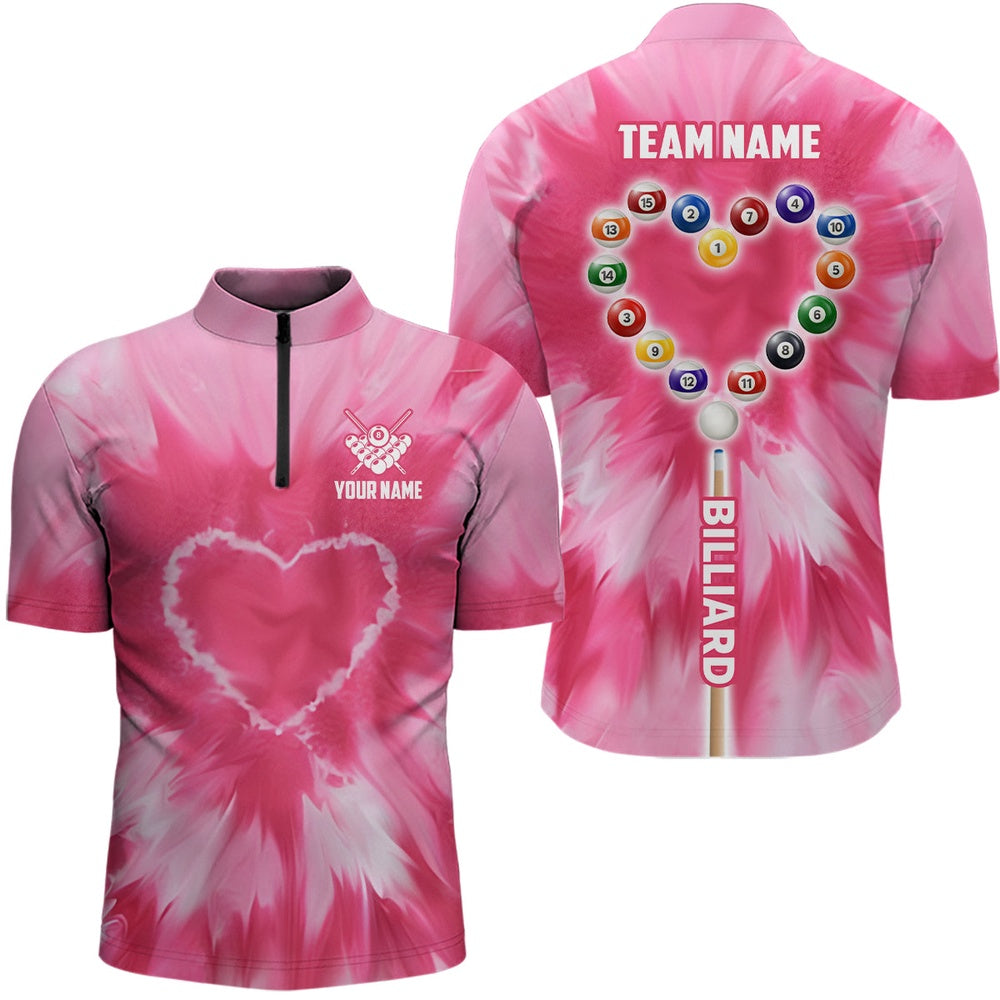 Billiard Polo Shirts, Personalized Pink Tie Dye With Heart Billiard Polo Shirts, Billiard Valentines Day Shirts Gifts, Billiards Team Shirts