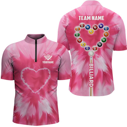 Billiard Polo Shirts, Personalized Pink Tie Dye With Heart Billiard Polo Shirts, Billiard Valentines Day Shirts Gifts, Billiards Team Shirts