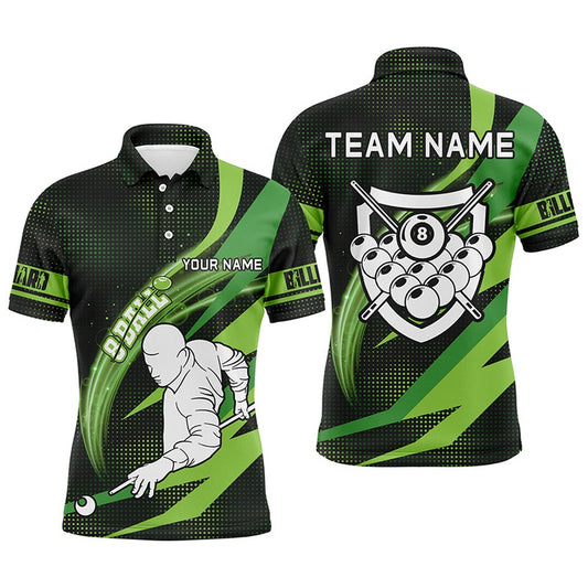Billiard Polo Shirts, Personalized Players Billiards 8 Ball 3D Polo Shirts, Custom Name Green Billiards Jerseys, Billiards Team Shirts