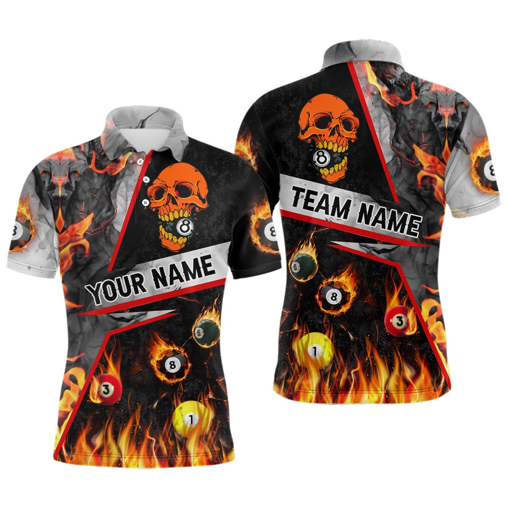 Billiard Polo Shirts, Personalized Pool 8 Ball Skull On Fire 3D Full Printing Billiard Polo Shirts, Billiards Team Shirts