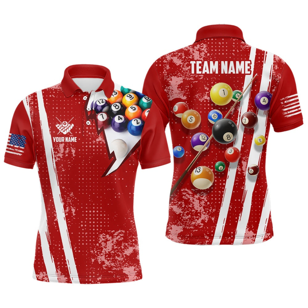 Billiard Polo Shirts, Personalized Pool Player 8 Ball Pool Red Billiards Polo Shirts, US Flag Billiard Jerseys, Billiards Team Shirts