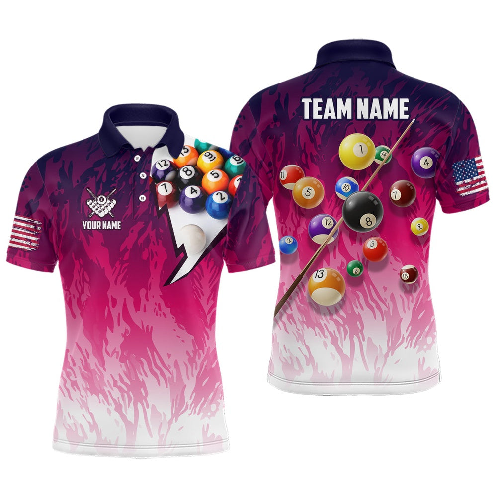 Billiard Polo Shirts, Personalized Pool Player Billiards 8 Ball Shirts, Custom US Flag Billiard Team Jerseys, Billiards Team Shirts
