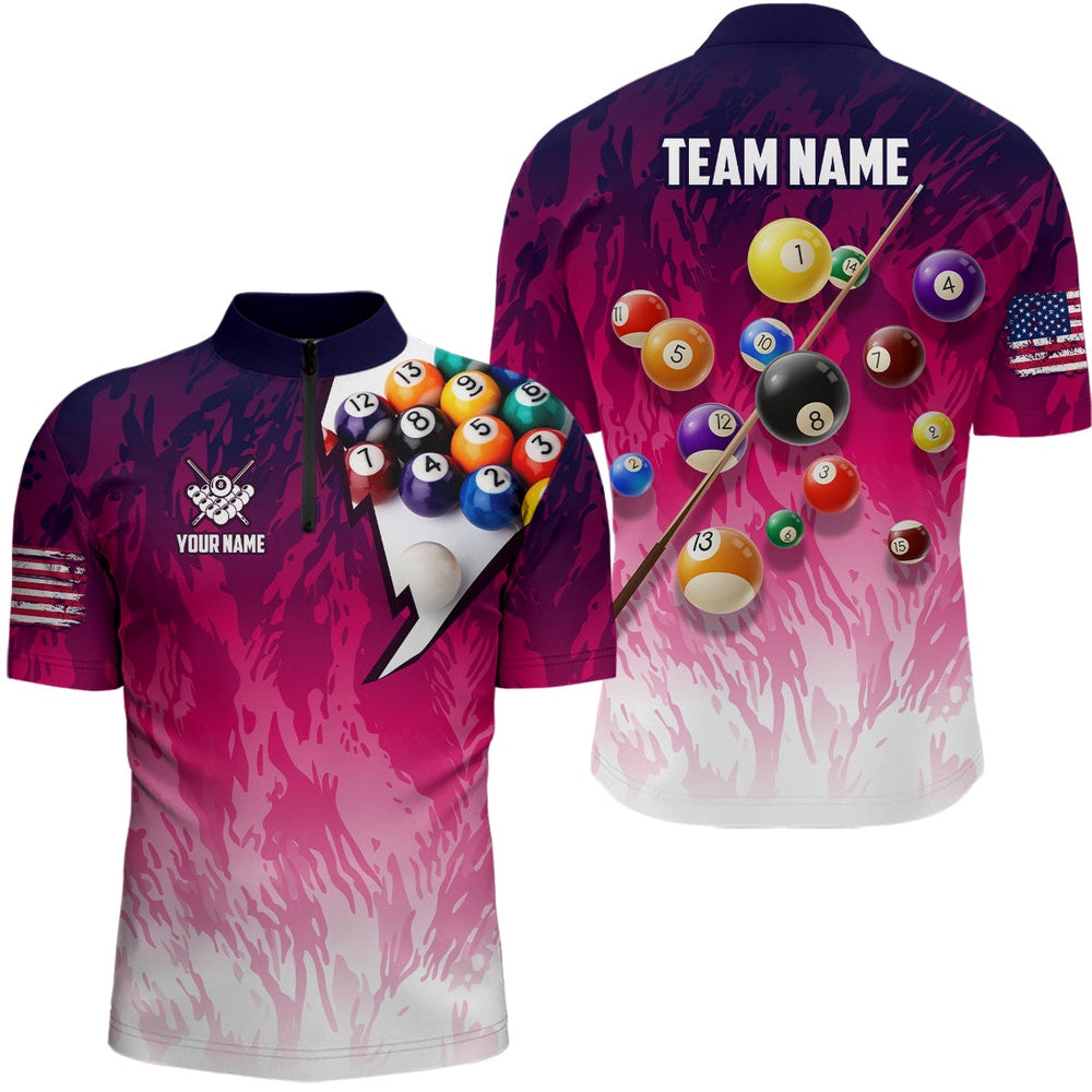 Billiard Polo Shirts, Personalized Pool Player Billiards 8 Ball Shirts, Custom US Flag Billiard Team Jerseys, Billiards Team Shirts