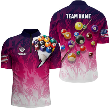 Billiard Polo Shirts, Personalized Pool Player Billiards 8 Ball Shirts, Custom US Flag Billiard Team Jerseys, Billiards Team Shirts