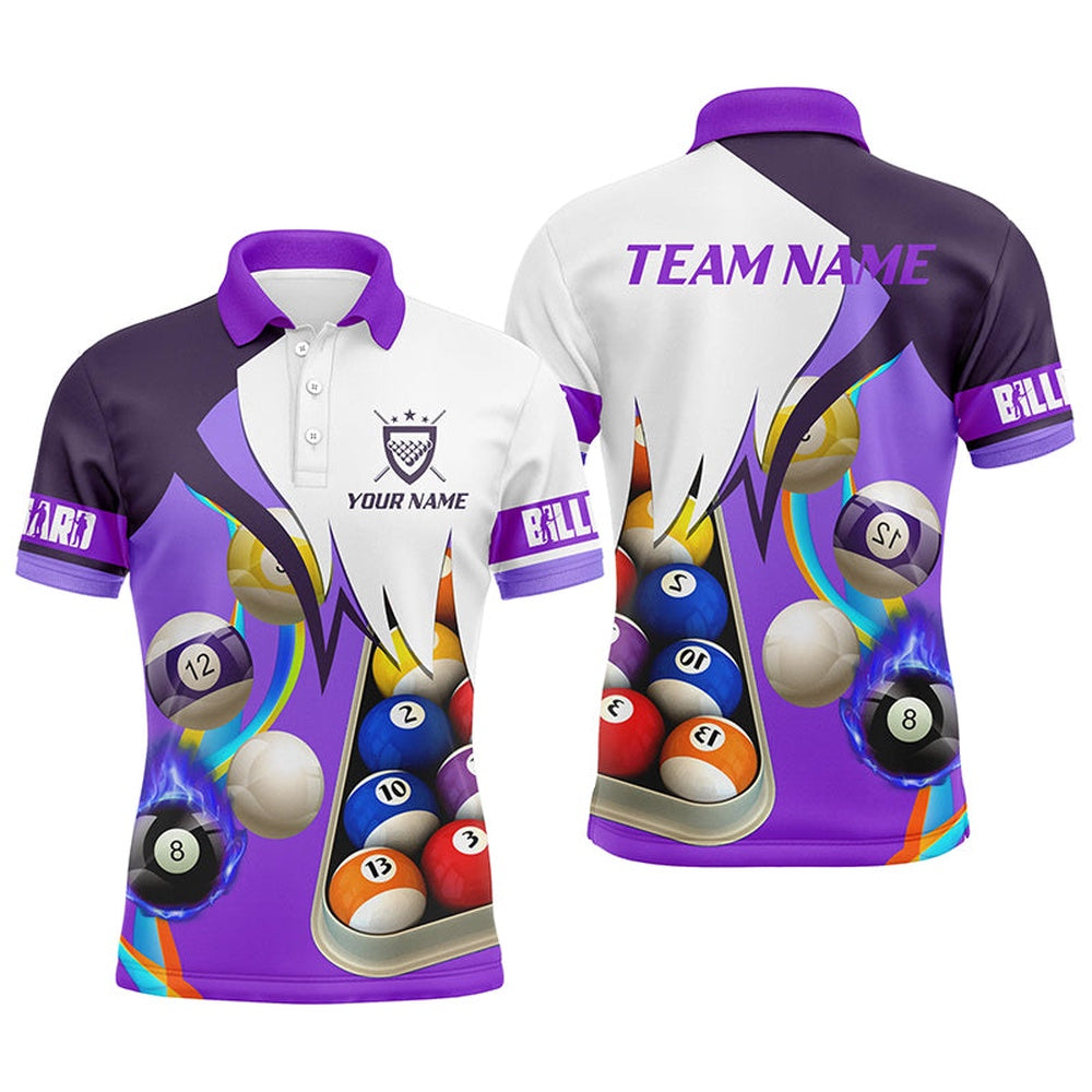 Billiard Polo Shirts, Personalized Purple 3D Billiard Balls Polo Shirts, Custom Pool Billiard Team Shirts, Billiards Team Shirts