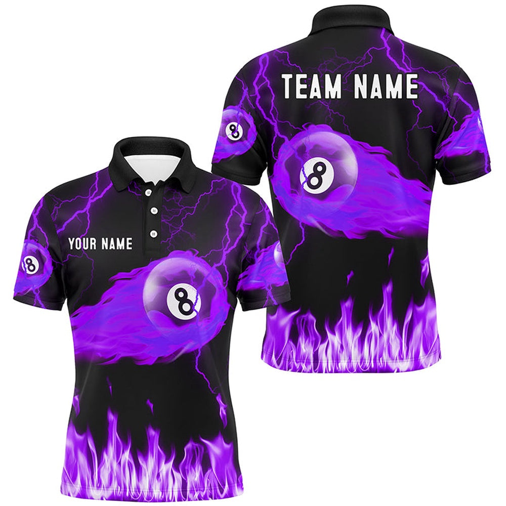 Billiard Polo Shirts, Personalized Purple 8 Ball Flame Thunder Lightning Billiard Shirts, Pool Team League Shirts, Billiards Team Shirts