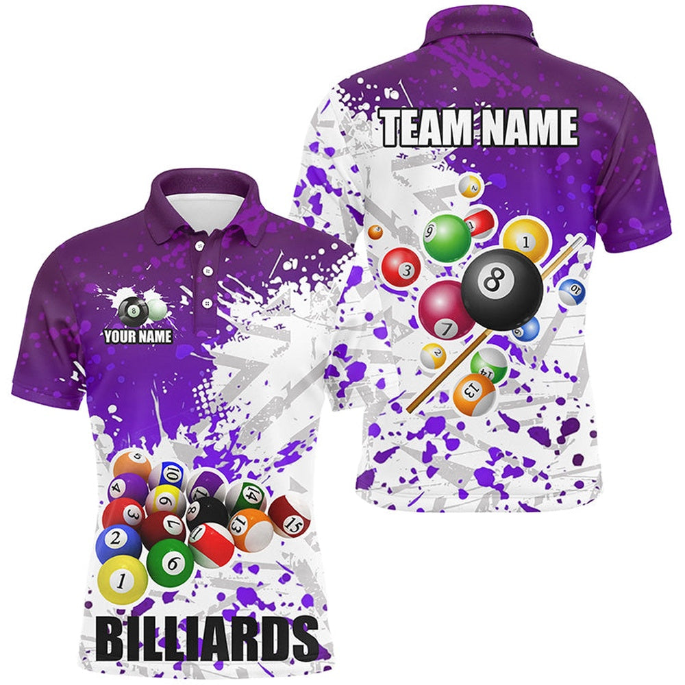 Billiard Polo Shirts, Personalized Purple Billiard Balls Paint Splash Billiard Shirts, 3D Billiard Jerseys Attire, Billiards Team Shirts