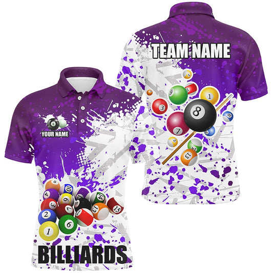 Billiard Polo Shirts, Personalized Purple Billiard Balls Paint Splash Billiard Shirts, 3D Billiard Jerseys Attire, Billiards Team Shirts