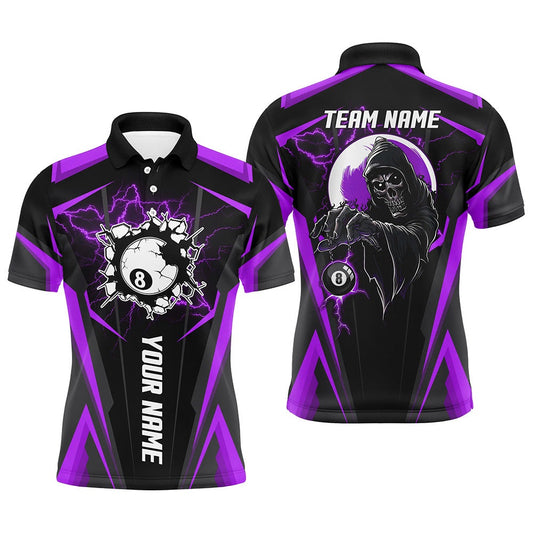 Billiard Polo Shirts, Personalized Purple Billiard Grim Reaper Polo Shirts Custom Team League Billiard Jerseys Shirts, Billiards Team Shirts