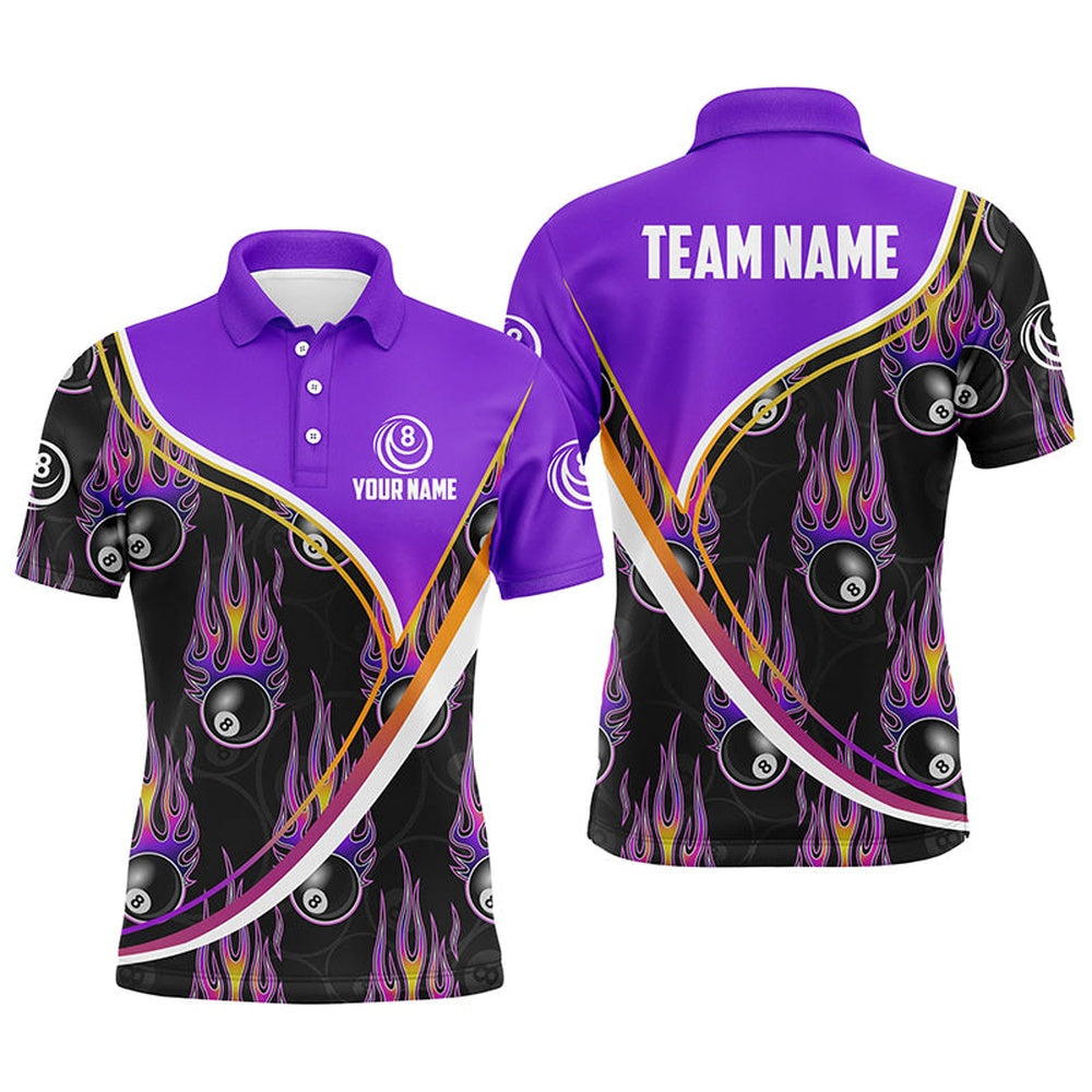 Billiard Polo Shirts, Personalized Purple Black 3D Pattern Billiard Polo Shirts Custom Name Flaming 8 Ball Shirts, Billiards Team Shirts