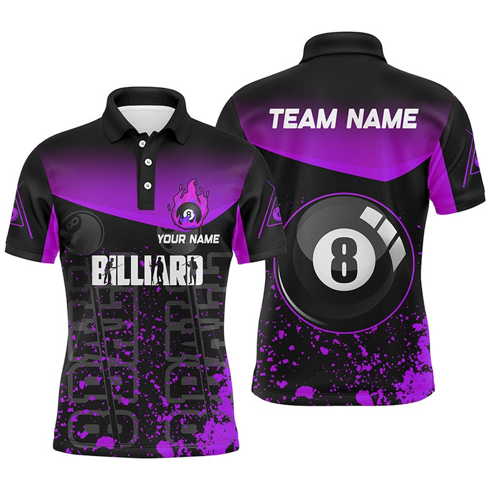 Billiard Polo Shirts, Personalized Purple Fire 8 Ball Pool Billiard Polo Shirts, 8 Ball Billiard Team Shirts, Billiards Team Shirts