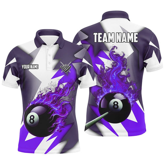 Billiard Polo Shirts, Personalized Purple Flaming 8 Ball Pool Jerseys Polo Shirts, Best Team League Billiard Shirts, Billiards Team Shirts