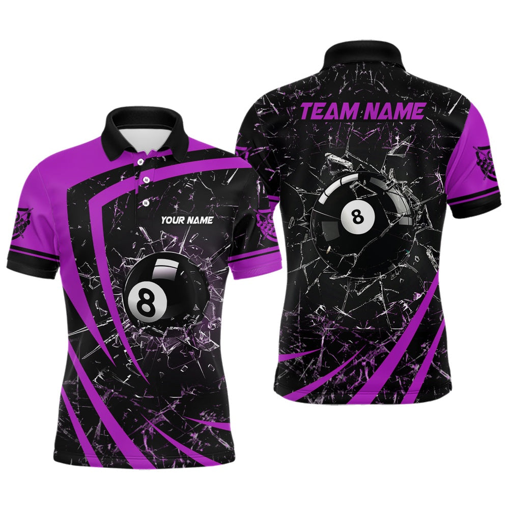 Billiard Polo Shirts, Personalized Purple Glass Break 8 Ball Billiard 3D Polo Shirts, Custom 8 Ball Pool Jerseys, Billiards Team Shirts
