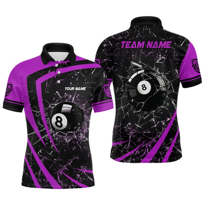 Billiard Polo Shirts, Personalized Purple Glass Break 8 Ball Billiard 3D Polo Shirts, Custom 8 Ball Pool Jerseys, Billiards Team Shirts