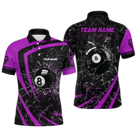 Billiard Polo Shirts, Personalized Purple Glass Break 8 Ball Billiard 3D Polo Shirts, Custom 8 Ball Pool Jerseys, Billiards Team Shirts