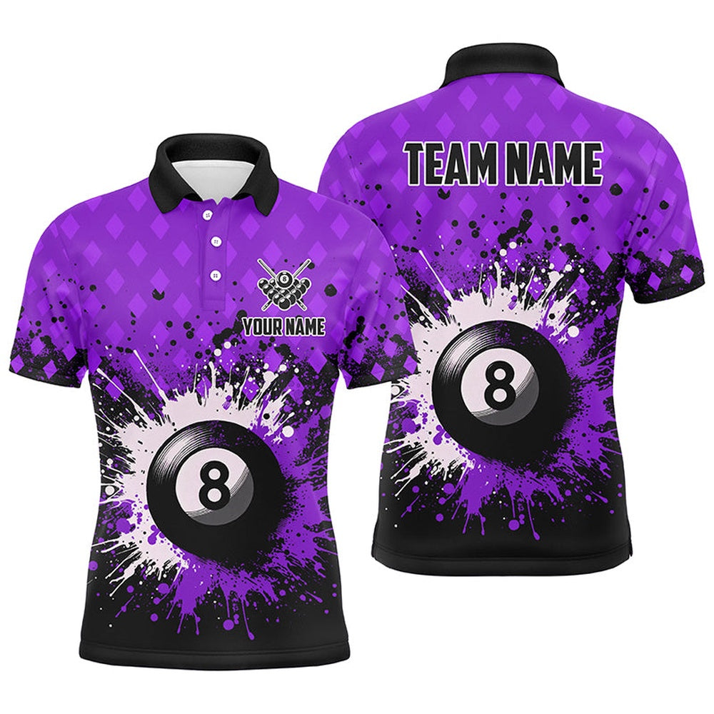Billiard Polo Shirts, Personalized Purple Grunge 8 Ball Pool Billiards Polo Shirts Custom Billiard Team Jerseys Uniform, Billiards Team Shirts