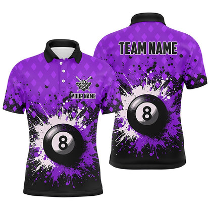 Billiard Polo Shirts, Personalized Purple Grunge 8 Ball Pool Billiards Polo Shirts Custom Billiard Team Jerseys Uniform, Billiards Team Shirts