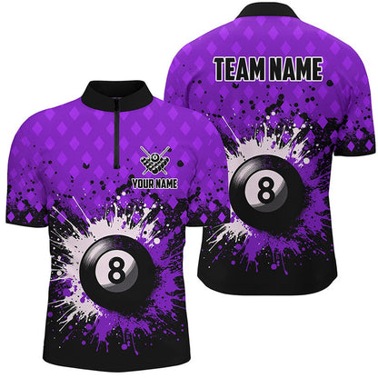 Billiard Polo Shirts, Personalized Purple Grunge 8 Ball Pool Billiards Polo Shirts Custom Billiard Team Jerseys Uniform, Billiards Team Shirts
