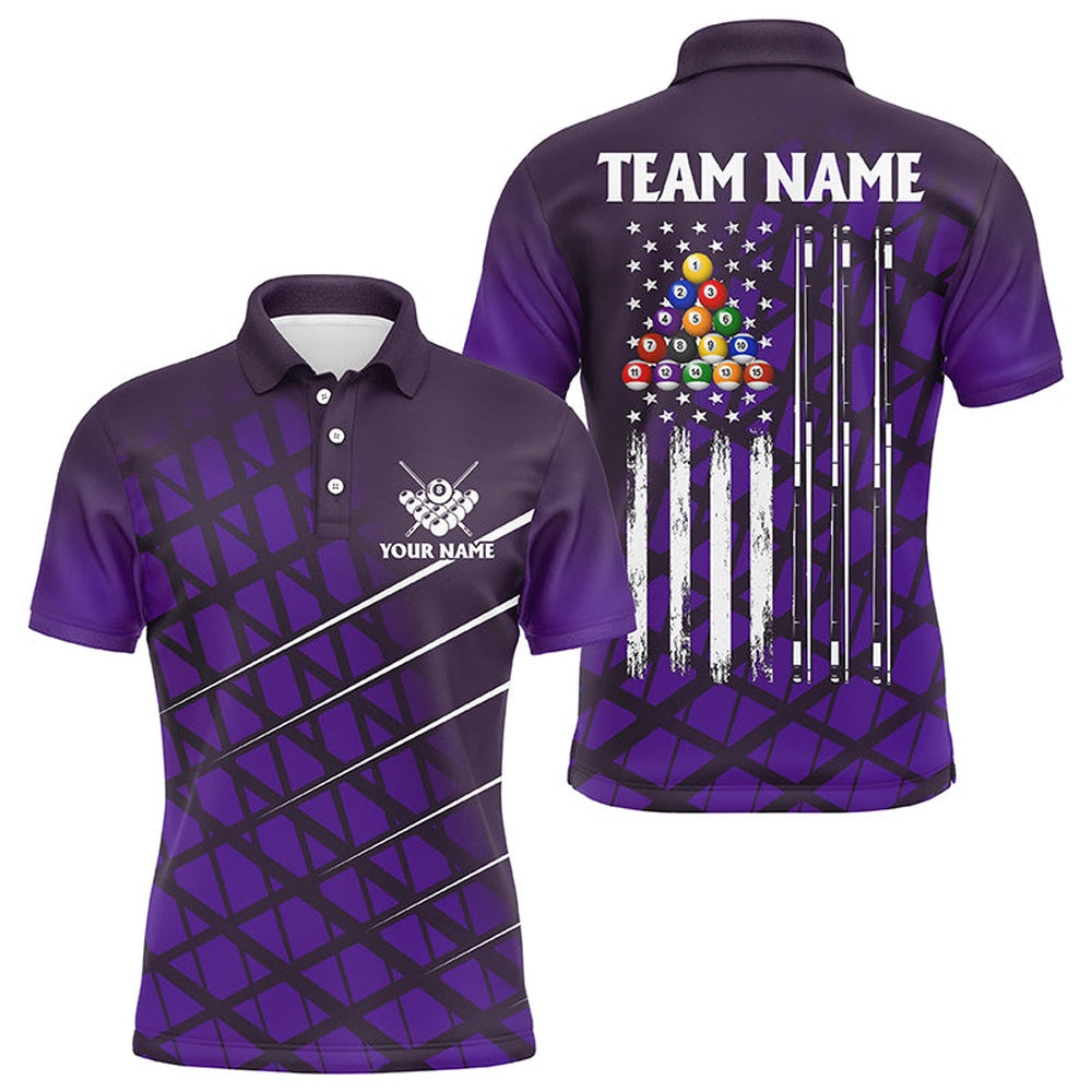 Billiard Polo Shirts, Personalized Purple Grunge American Flag Billiard Polo Shirts Custom Pool Player Jersey Shirts, Billiards Team Shirts