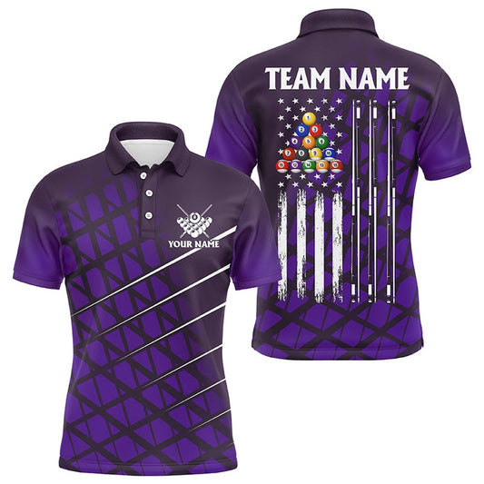 Billiard Polo Shirts, Personalized Purple Grunge American Flag Billiard Polo Shirts Custom Pool Player Jersey Shirts, Billiards Team Shirts