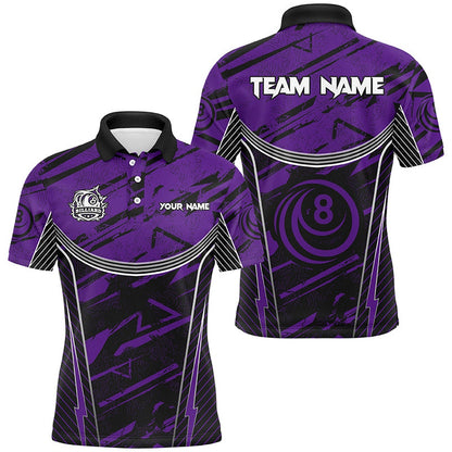 Billiard Polo Shirts, Personalized Purple Grunge Billiard Shirts Custom Billiards Ball 8 Jerseys Team Shirts, Billiards Team Shirts