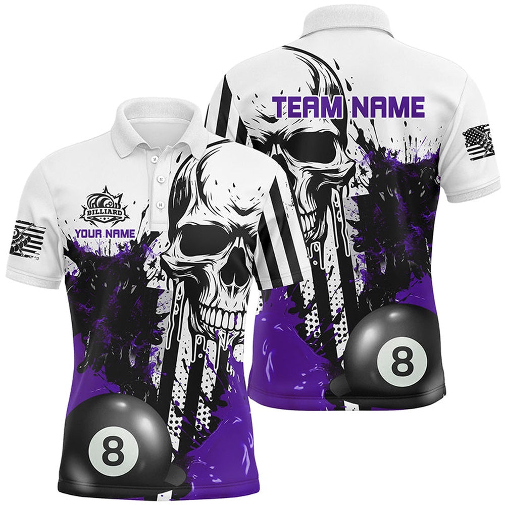 Billiard Polo Shirts, Personalized Purple Grunge Skull Billiards Shirts Custom Retro Billiard Team Jerseys Attire, Billiards Team Shirts