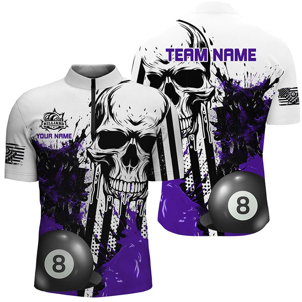Billiard Polo Shirts, Personalized Purple Grunge Skull Billiards Shirts Custom Retro Billiard Team Jerseys Attire, Billiards Team Shirts