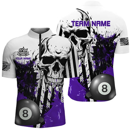 Billiard Polo Shirts, Personalized Purple Grunge Skull Billiards Shirts Custom Retro Billiard Team Jerseys Attire, Billiards Team Shirts