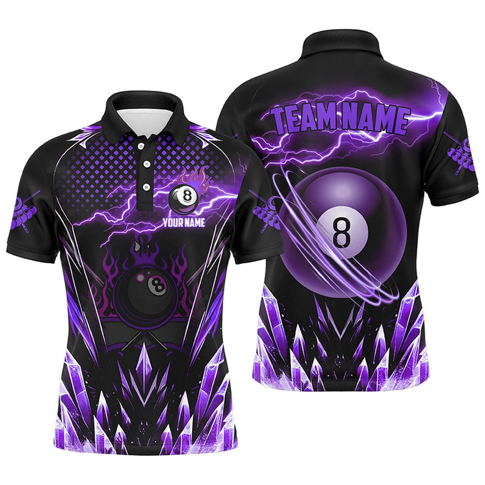 Billiard Polo Shirts, Personalized Purple Icy Lightning 8 Ball Pool Polo Shirts Custom Billiard Team League Jersey, Billiards Team Shirts