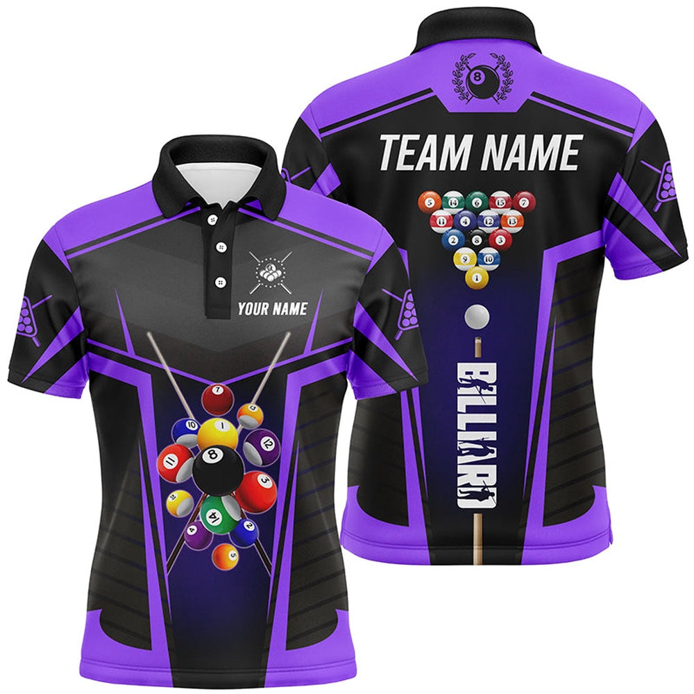 Billiard Polo Shirts, Personalized Purple Jerseys Billiard Balls Polo & 14 Zip Shirts Custom 3D Pool League Shirts, Billiards Team Shirts