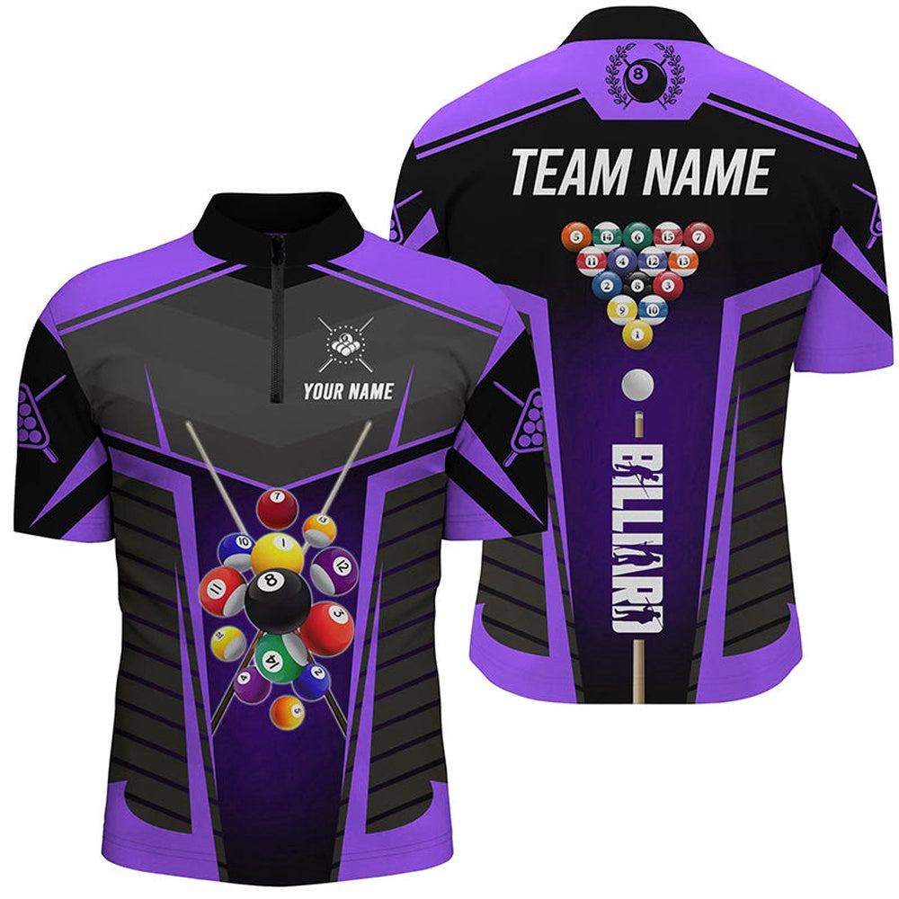 Billiard Polo Shirts, Personalized Purple Jerseys Billiard Balls Polo & 14 Zip Shirts Custom 3D Pool League Shirts, Billiards Team Shirts