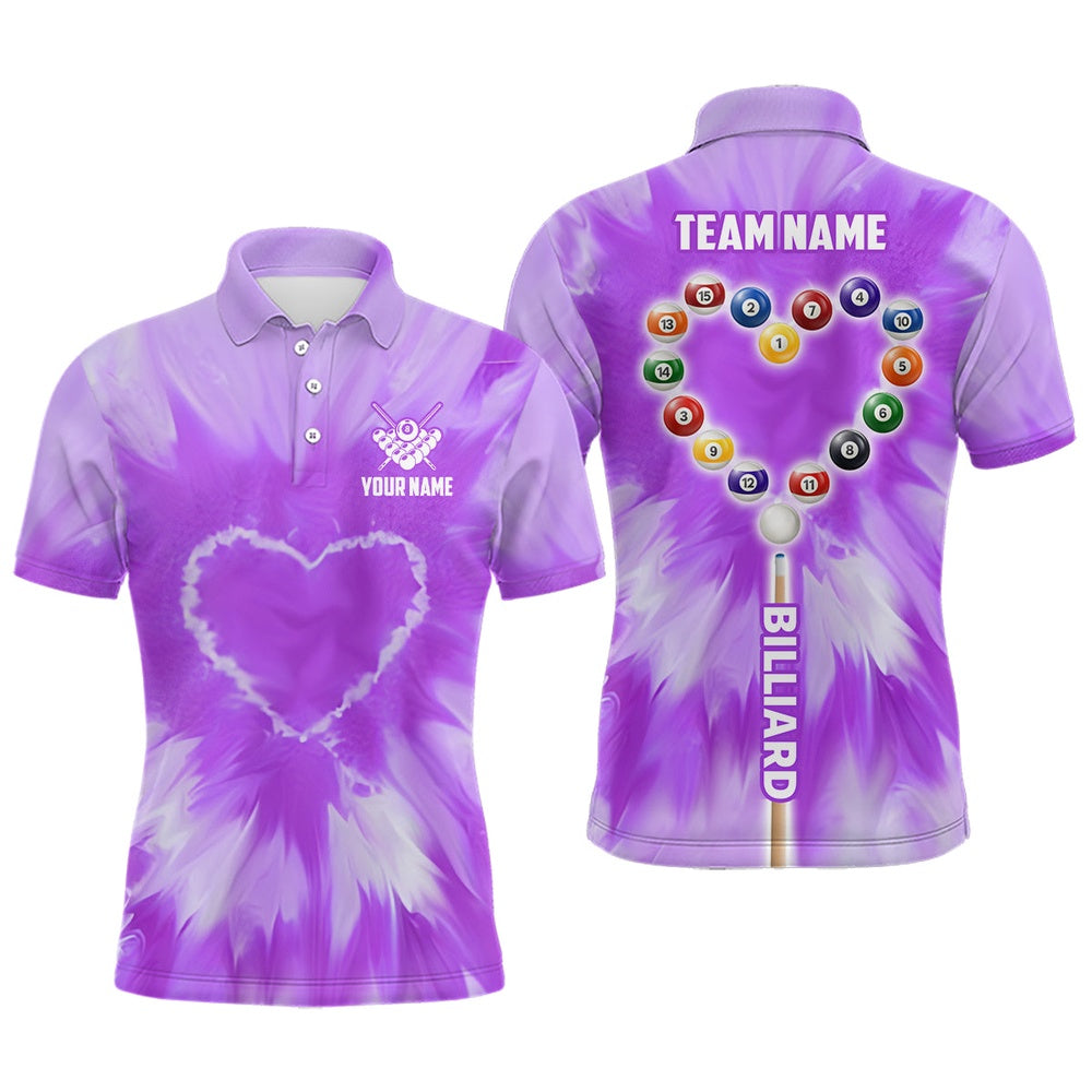 Billiard Polo Shirts, Personalized Purple Tie Dye With Heart Billiard Polo Shirts Custom Unique Billiard Shirts Gifts, Billiards Team Shirts