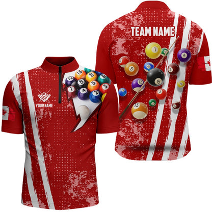 Billiard Polo Shirts, Personalized Red 3D Billiard Balls Polo Shirts, Custom Canadian Flag 8 Ball Pool Jerseys, Billiards Team Shirts