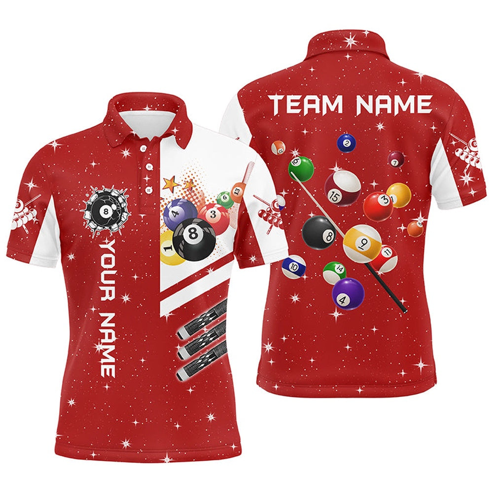 Billiard Polo Shirts, Personalized Red 3D Billiard Balls Polo Shirts Custom Name Billiard Team League Jerseys, Billiards Team Shirts