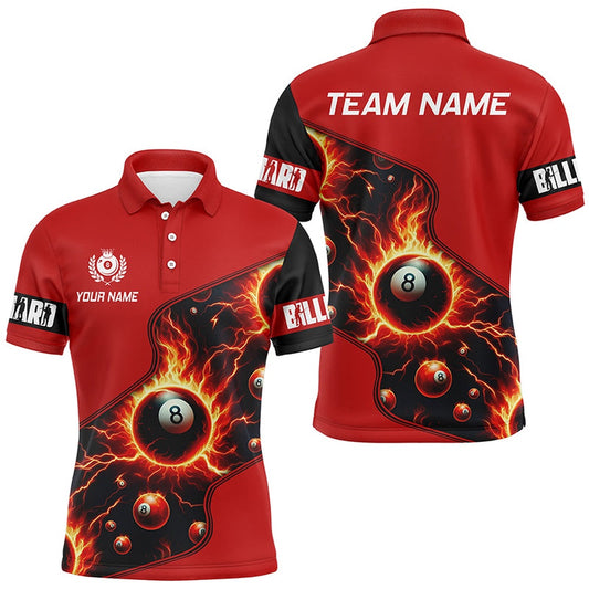 Billiard Polo Shirts, Personalized Red 8 Ball Fire 3D Printed Billiard Shirts Custom Billiard Jersey For Pool Player, Billiards Team Shirts