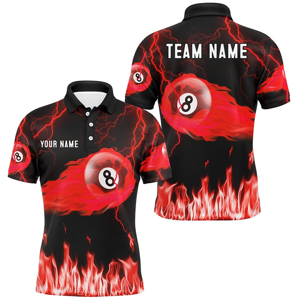 Billiard Polo Shirts, Personalized Red 8 Ball Flame Thunder Lightning Billiard Shirts, Pool Team League Shirts, Billiards Team Shirts