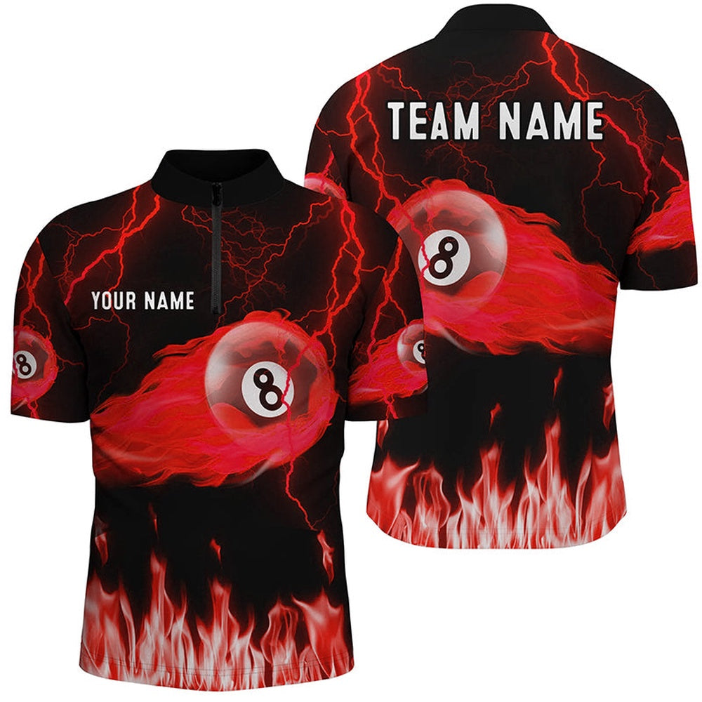 Billiard Polo Shirts, Personalized Red 8 Ball Flame Thunder Lightning Billiard Shirts, Pool Team League Shirts, Billiards Team Shirts
