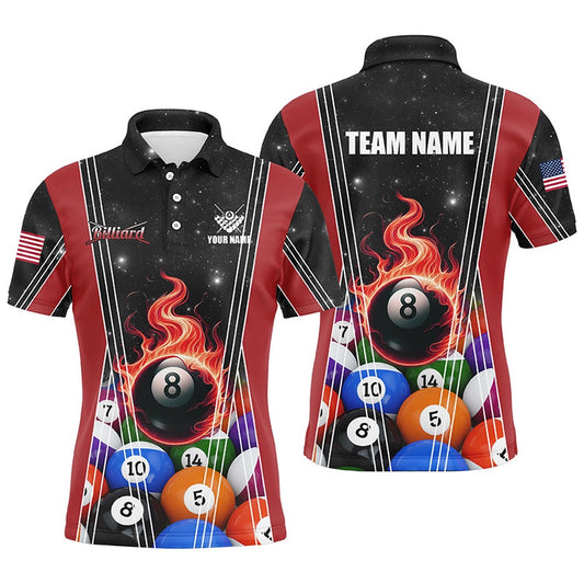 Billiard Polo Shirts, Personalized Red 8 Ball Pool Fire Flame Billiard Balls Polo Shirts Custom Billiard Team Jerseys, Billiards Team Shirts