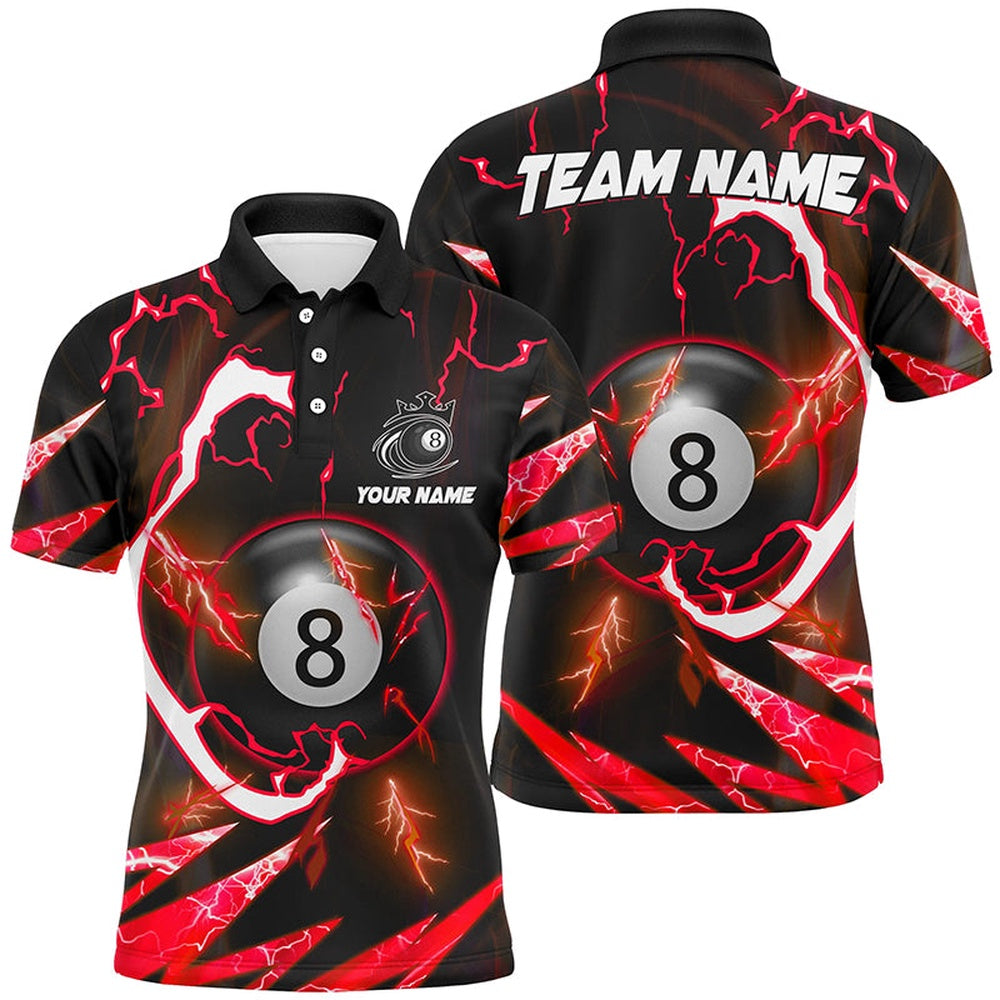 Billiard Polo Shirts, Personalized Red 8 Ball Pool Thunder Lighting Polo Shirts Custom Billiard Team Shirts, Billiards Team Shirts